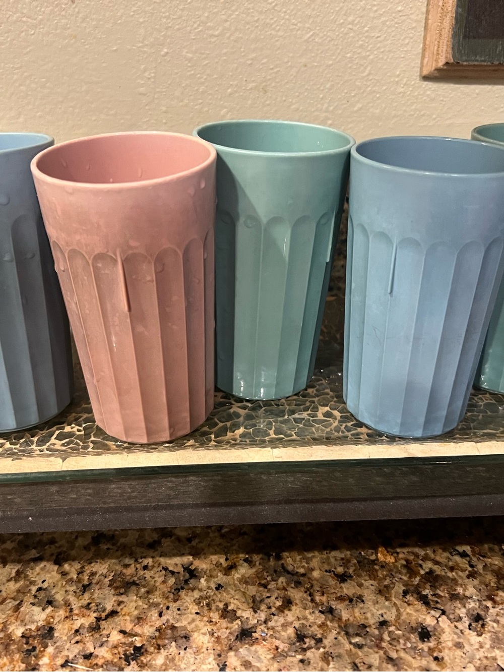 Vintaged Pastel Pink and Blue Ribbed Plastic Tumblers - Home Accents